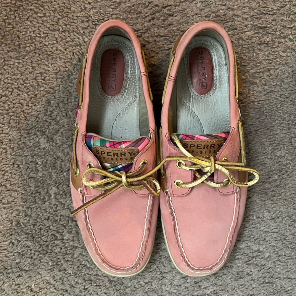 Women’s Sperry Top-Sider Boat Shoes – Pink Suede w/ plaid, Size 8